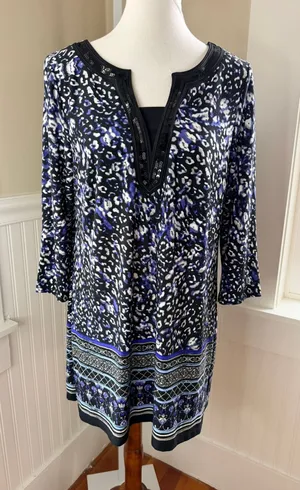 David Emanuel Animal Print Sequin V-Neck Shift Dress Blue Black Size 12 US thumbnail 1