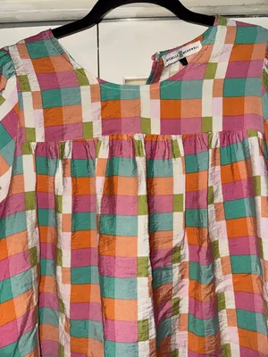 Checked Puff-Sleeve Blouse in Pink, Orange & Teal - Women thumbnail 2