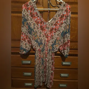 ODDY Boho Floral Mini Dress – Rust Teal Cream V‑Neck Flutter Sleeve Dress thumbnail 3