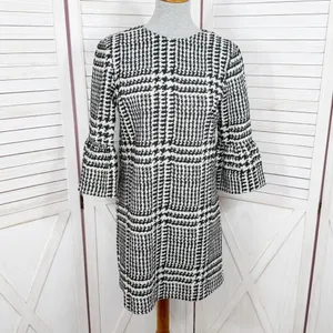 Zara Houndstooth Check Bell Cuff Shift Mini Dress Black Cream Medium‎ thumbnail 2