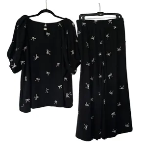 Umgee Black White Bow Print Linen Cotton 2 Piece Set Top Wide Leg Pants XL thumbnail 2
