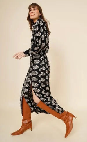 ANTHROPOLOGIE- Omika Simone Long-Sleeve Button-Front Maxi Dress Black Size S thumbnail 1