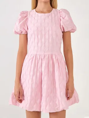 English Factory Textured Balloon Sleeves Bubble Hem Mini Dress Pink thumbnail 2