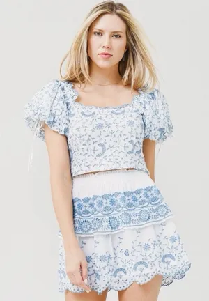 LoveShackFancy Melina Broderie‎ Anglaise Blue Eyelet White Puff Sleeve Crop Top thumbnail 1