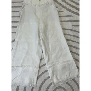 Uterqüe Women Off White Wide Leg Crop Pants Textured Raw Hem Fringe High Waist S thumbnail 3
