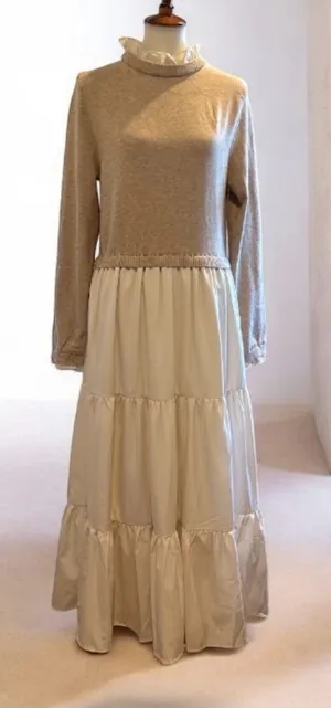 BALTIC BORN Sophie Sweater Dress Natural Tan Cream Tiered Maxi Ruffle Collar XL thumbnail 1