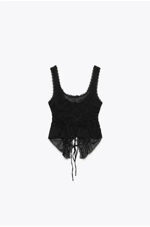 Zara Black Lace-Trim Ruched Tie-Front Tank Top - Women thumbnail 4