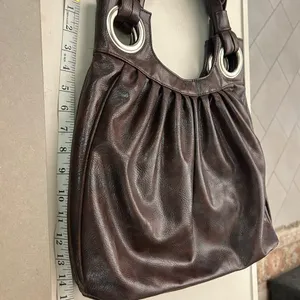Bag Dark Brown Leather Shoulder Bag with Silver Grommet Detail by Mirror Mirror thumbnail 3