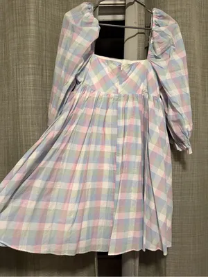 Storia Pastel Plaid Puff-Sleeve Dress in Pink, Blue, Green & Cream thumbnail 3