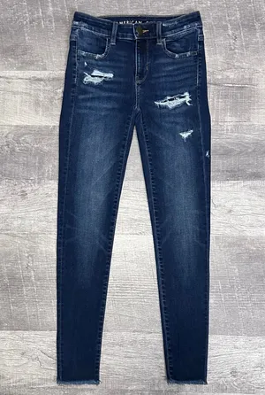 American Eagle AEO Dark Wash Jegging Jeans Womens 0 Reg High Rise Ripped Raw Hem thumbnail 1