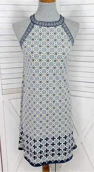 Max Studio‎ Geometric Medallion Print Halter Shift Dress Yellow Blue Medium thumbnail 1