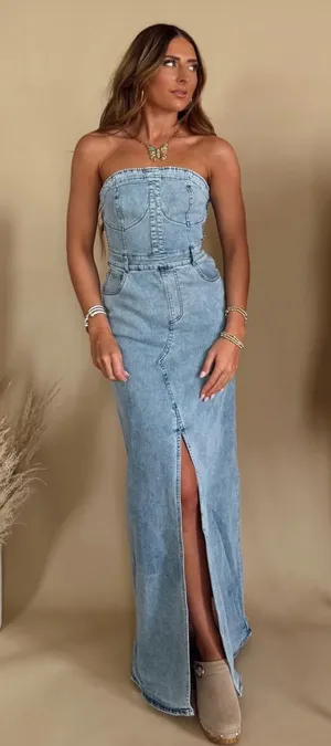 Light Blue Denim Strapless Maxi Jeans Dress thumbnail 1