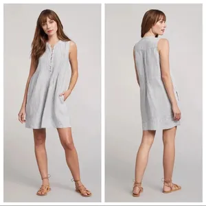 Faherty Isha 100% Linen Dress Blue Mini Stripe Pintuck WDS2119-BMT Bestseller thumbnail 3