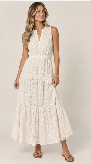 Gerard Darel Dress Womens S White Eyelet Lace Sleeveless Tiered Maxi Sundress thumbnail 1