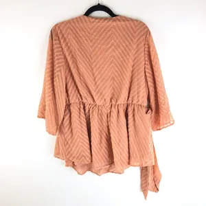 Bloomchic Geometric Mesh Surplice Neck Belted Ruffles Blouse Sheer Pink 12 thumbnail 5