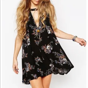Free People Tree Choker Neck Swing Dress w/Pockets Black Floral Print, S thumbnail 3