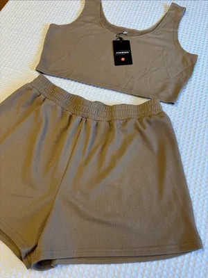 NEW Set! XL Ribbed Scoop Neck Crop Top & Elastic Waist Shorts Set Tan thumbnail 7