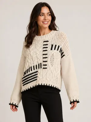Grey Bandit Chunky Cable Knit Cropped Sweater Small Cream Black thumbnail 1