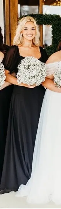 Azazie Bridesmaid Barbie Chiffon A-line Dress with Puff Sleeves Black thumbnail 3