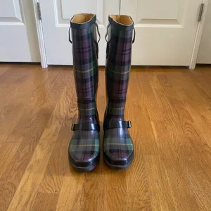 LL Bean Wellie Rain Boots Women 7 Purple Green Plaid Buckle Tall Preppy Heritage thumbnail 2