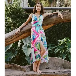 ZARA Multicolor Satin Effect Tropical Scarf Print V- Neck Midi Dress - S‎ NWT thumbnail 2