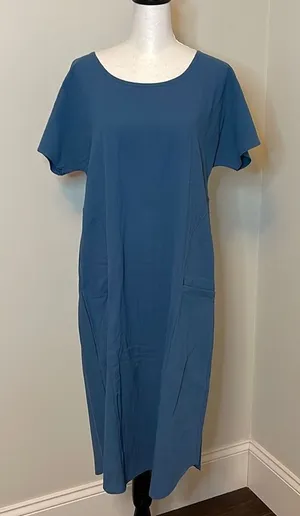 La Mode | Blue Short-Sleeve Jewel-Collar Pocket Midi Dress - Women Dress. Size L thumbnail 1