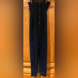 ZARA Dark Denim Strapless Raw Hem Back Slit Bodycon Tube Midi Dress‎ Size XS thumbnail 12