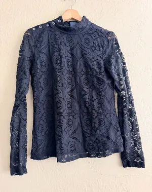 Maeve Black Lace Mock-Neck Long-Sleeve Blouse thumbnail 1