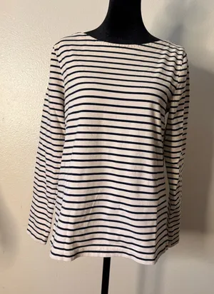 J.Crew blouse boat neck navy blue and cream color thumbnail 1