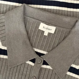 BOHME Striped Polo Henley Sweater Gray Navy Blue White Buttons Pullover Large thumbnail 10
