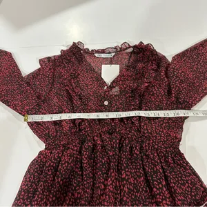 Zara Red & Black Cheetah Print Long‎ Sleeve Ruffled Mini Dress Size L thumbnail 9