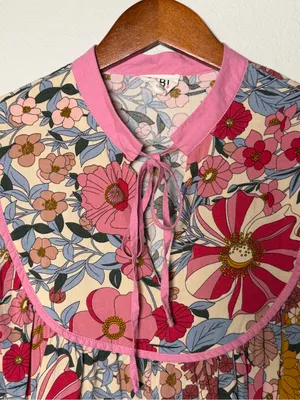 BiBi Medium Floral Boho Babydoll Blouse Pink Cottagecore Western Top Medium thumbnail 5