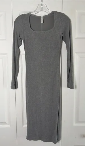 Popilush Ribbed Bodycon Midi Dress‎ Womens Size S Gray Long Sleeve Square Neck thumbnail 1