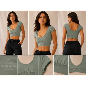 NVGTN Womens Seamless Short Sleeve Crop Top Sage‎ Green Medium Scoop Neck Active thumbnail 3