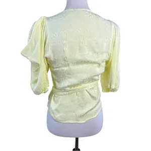 Krisa Womens Yellow Snake Print Jacquard Wrap Blouse‎ Puff Sleeve XS thumbnail 3