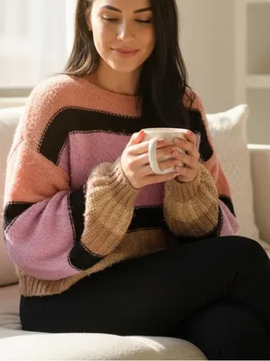 Urban Outfitters Beau Boat neck Striped Colorblock‎ Knit Textured Ballon Sleeve Crop Sweater thumbnail 1