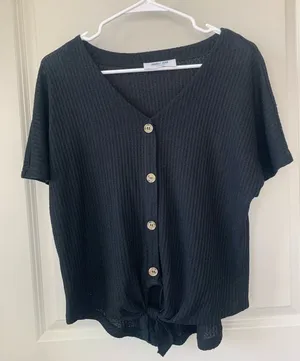 Double zero button down tie black blouse thumbnail 1