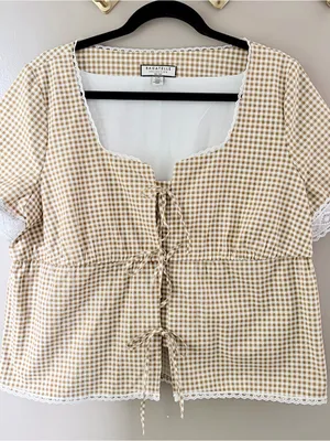 Bagatelle Cottagecore Gingham Front Tie Lace Trim Blouse Tan White Large thumbnail 1