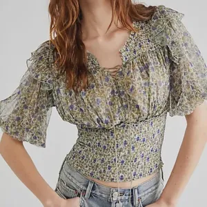 Free People Beatrice Floral Smocked Waist Top Size Small Y2K 90s Fairy thumbnail 1