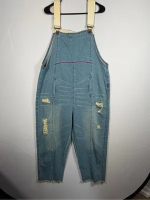 Women’s Denim Overalls Size M Light Wash Distressed Cropped Baggy Utility thumbnail 3