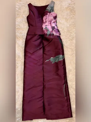 NEW NEW, Kay Unger Luciana Placed Floral Column Sleeveless Gown Mulberry Sz 0 thumbnail 6