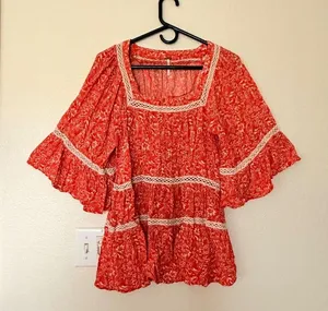 Free People Floral Print tunic Crochet Trim Orange and White Size S thumbnail 3