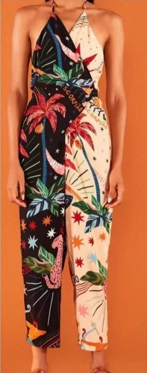 Farm Rio NWT Macacao Patch Zodiac Halter Jumpsuit Multi Color Astrological GG XL thumbnail 1