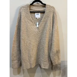 New Aerie Fuzzy Plush Teddy Oversized V-Neck Sweater Women's Size XL Tan Cozy thumbnail 2