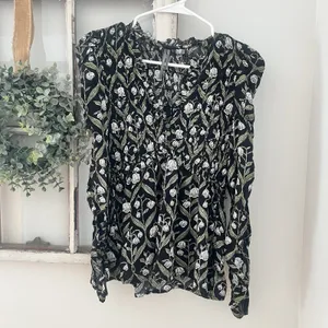 Anthropologie Floral Puff Shoulder Ruched-Sleeve V-Neck Top Women's Size XS‎ thumbnail 3