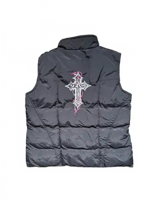 Y2K Cowgirl Hardware Black Puffer Vest Medium Rhinestone Cross Western Goth thumbnail 5