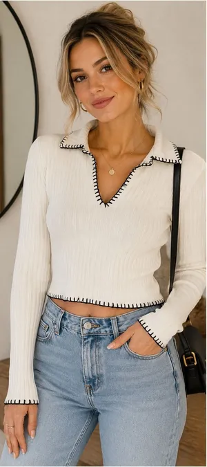 AEMI + CO Ribbed Contrast Stitch Collared Top NWT Small Y2K Coastal Chic thumbnail 1