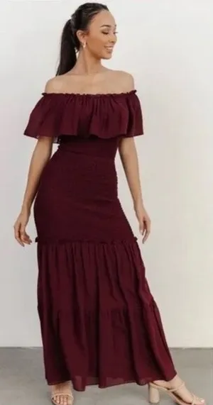 [Baltic Born] Maroon Amalfi Smocked Off The Shoulder Ruffle Maxi Dress Sz Medium thumbnail 1