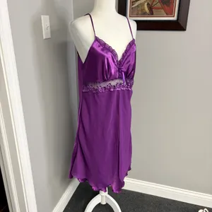 Purple Satin Mesh Lace Trim Chemise Nightgown Lingerie Slip Dress Purple thumbnail 4