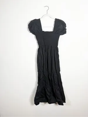 OPT Daphne Square Neck Smocked Dress Puff Sleeves Midi Black 100% Cotton Large thumbnail 4